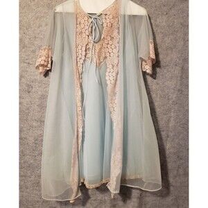 Vintage Nightgown Petite Blanche Erika McGowan Blue Nylon Chiffon Peignoir USA